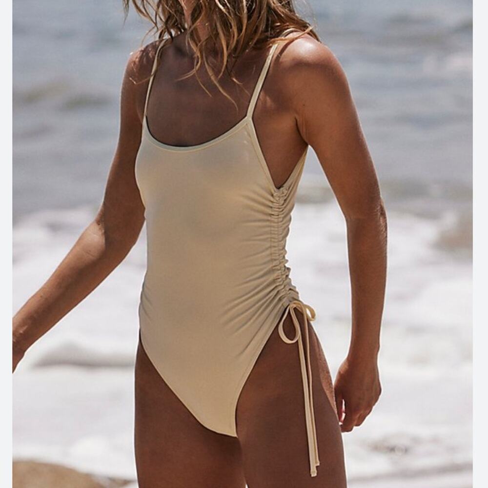 NEW Gnash Swim butter light yellow cream one piece ruched side ties swimsuit